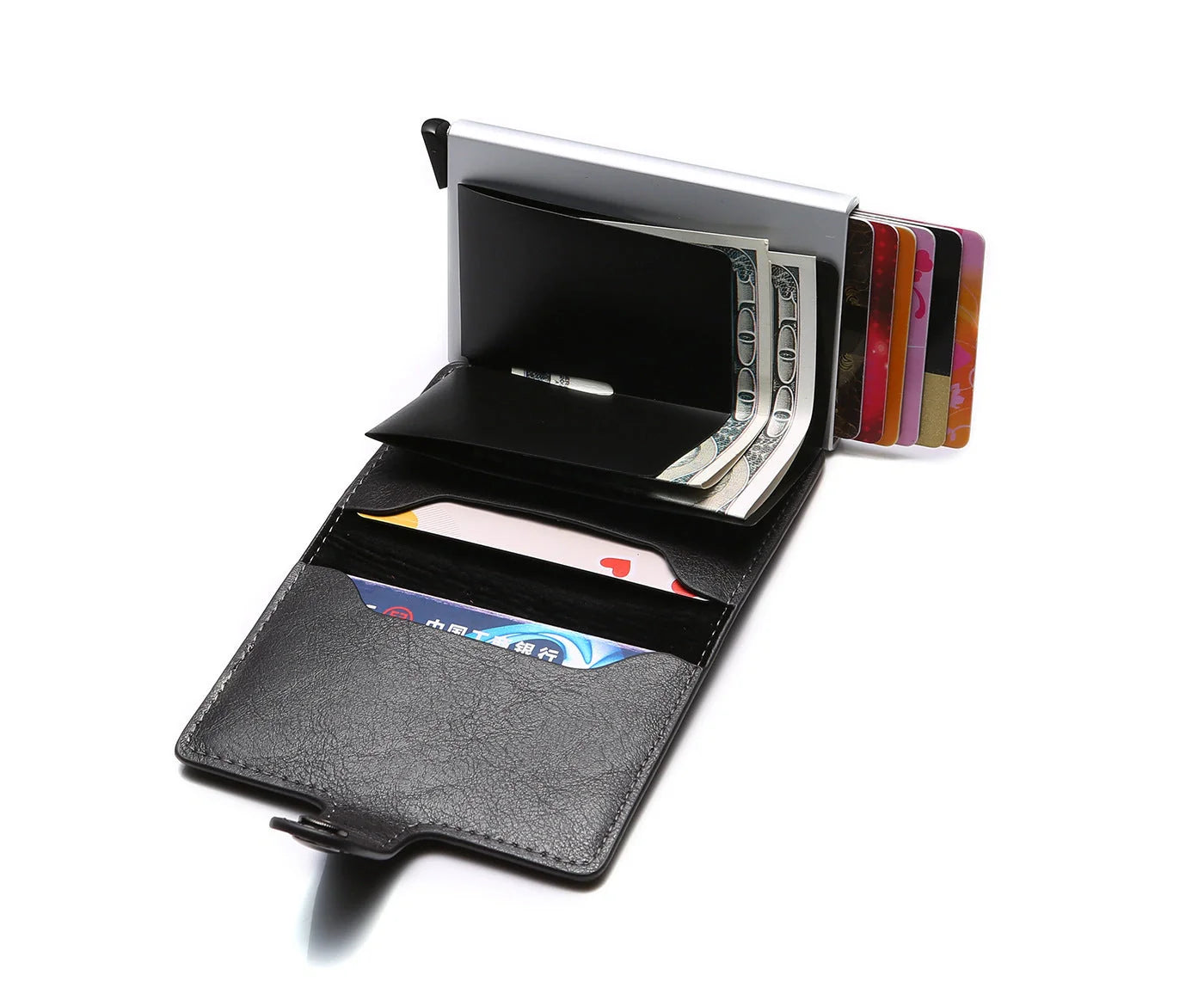 Men's RFID-blocking vintage wallet with aluminum purse and leather cover