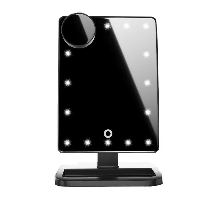 Touch screen makeup mirror with LED lights and Bluetooth speaker in black, white, champagne, and rose gold