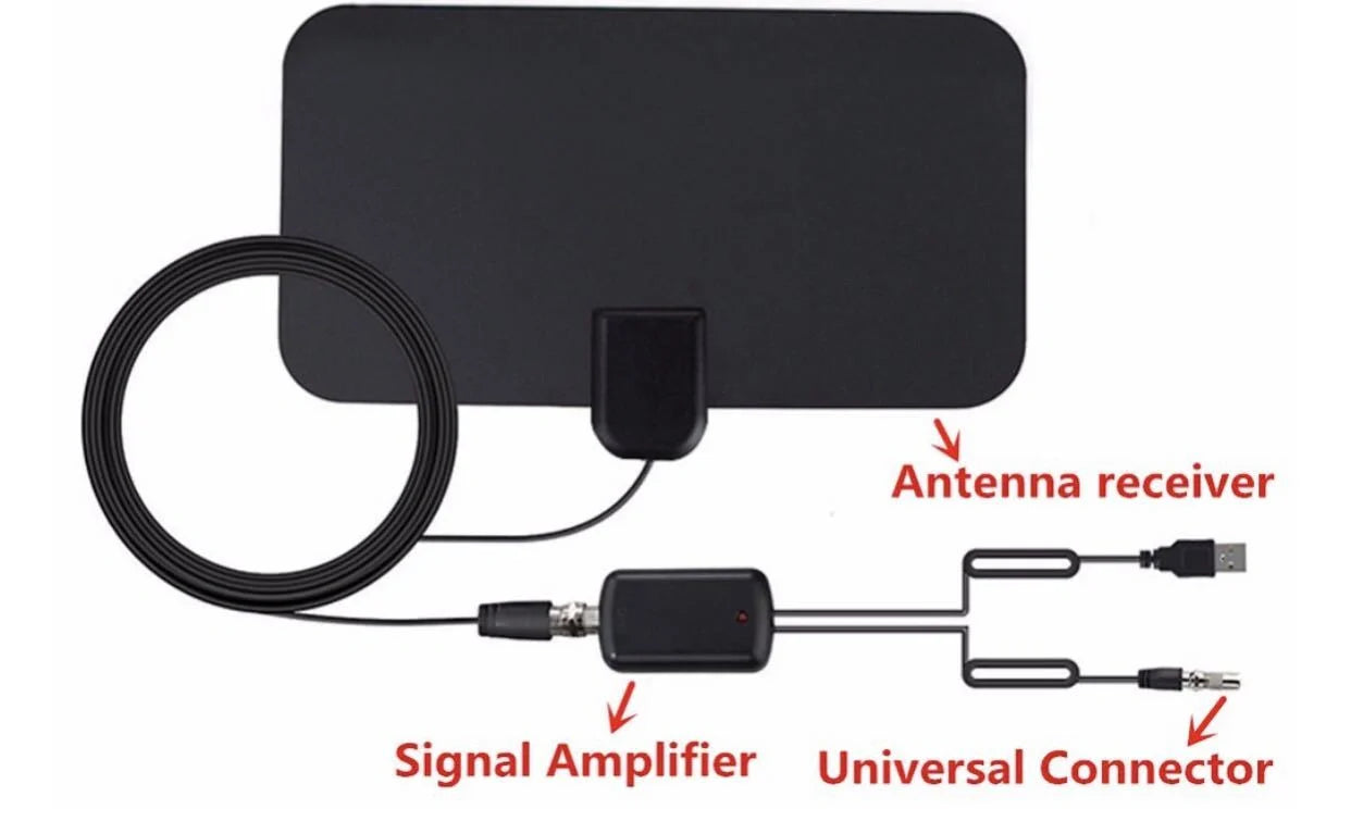 Compact HD digital TV antenna with adhesive back for easy installation and 80-mile range.