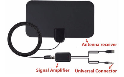 Compact HD digital TV antenna with adhesive back for easy installation and 80-mile range.