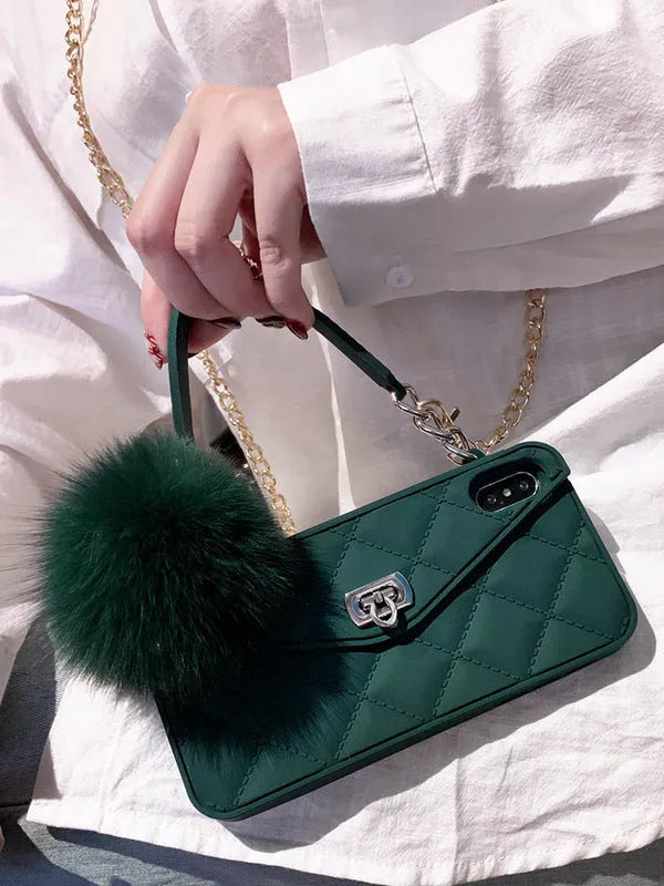 Hairball phone case with plush texture in grid pattern, available in dark green, black, and ash colours
