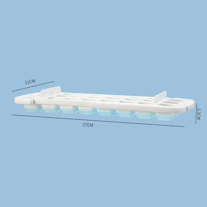 Quick release ice cube tray set with storage box and scoop, available in yellow, blue, and pink