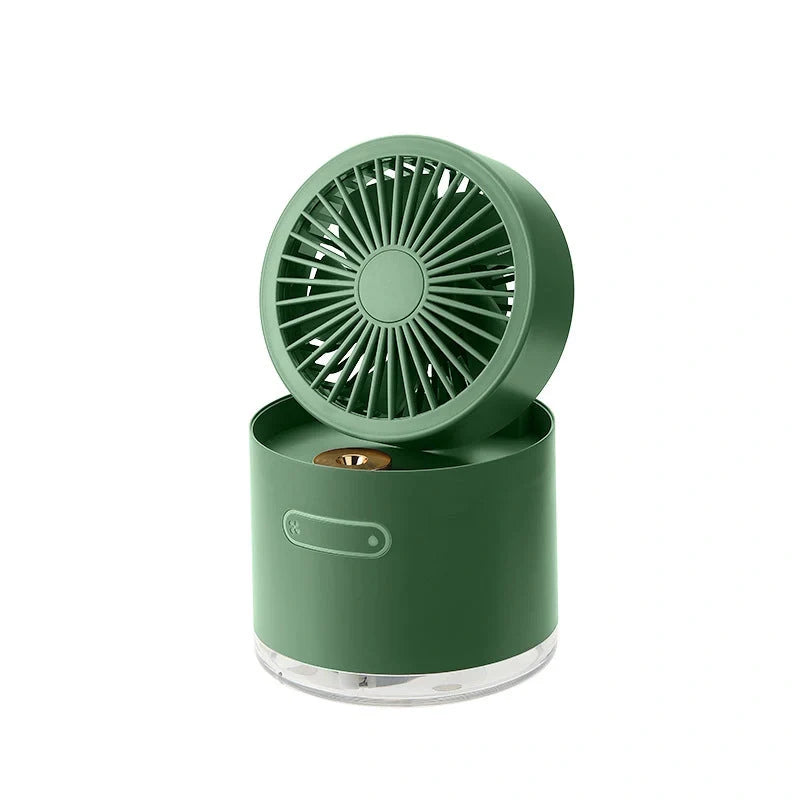 Mini portable USB rechargeable spray fan in green, pink, and white