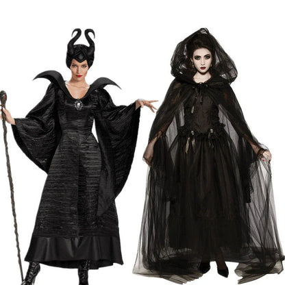 Maleficent-inspired Halloween costume featuring an elegant dress and dramatic cape design