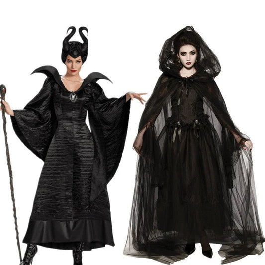 Maleficent-inspired Halloween costume featuring an elegant dress and dramatic cape design