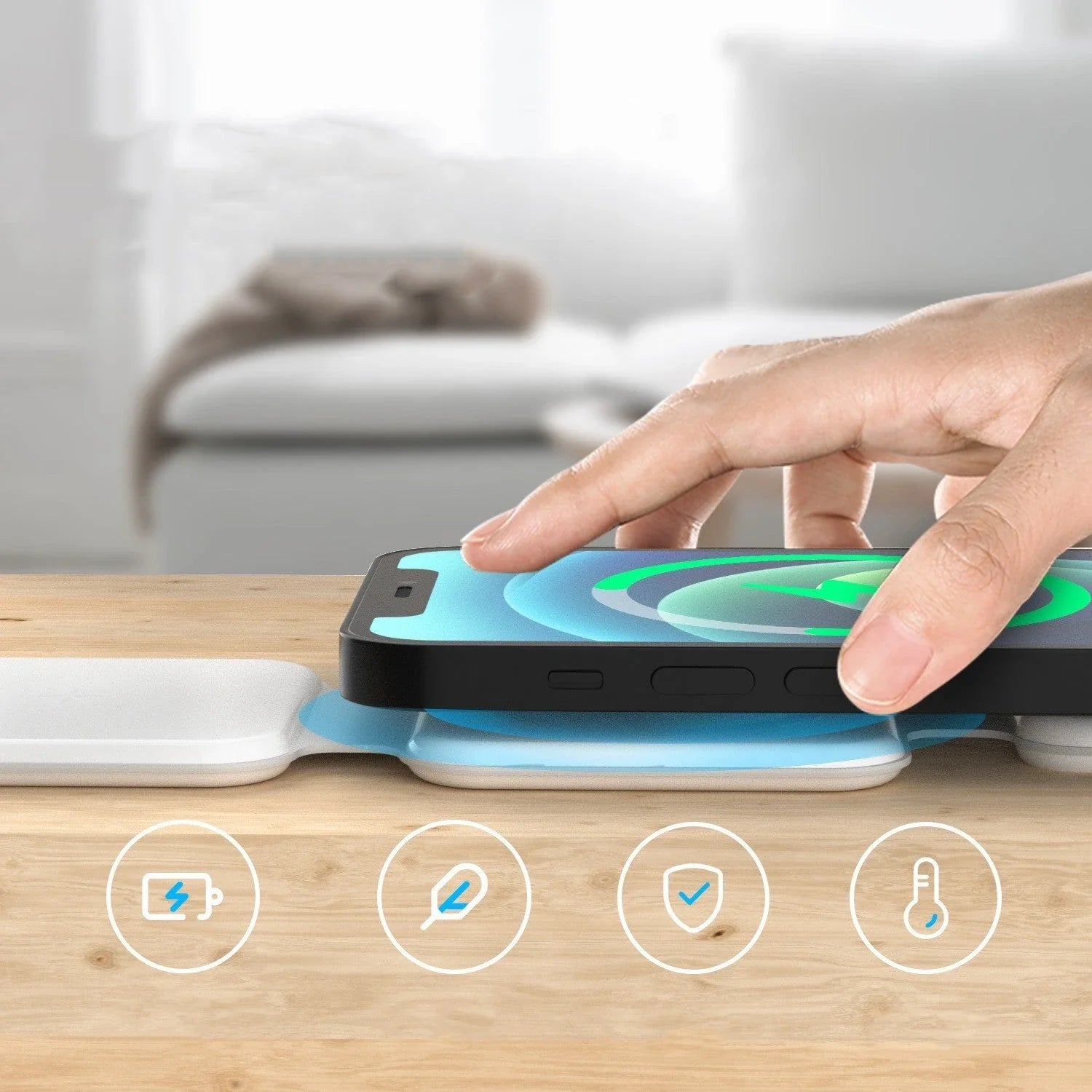 A foldable 3-in-1 wireless charging station with magnetic alignment that can simultaneously charge a phone, smartwatch, and wireless headphones