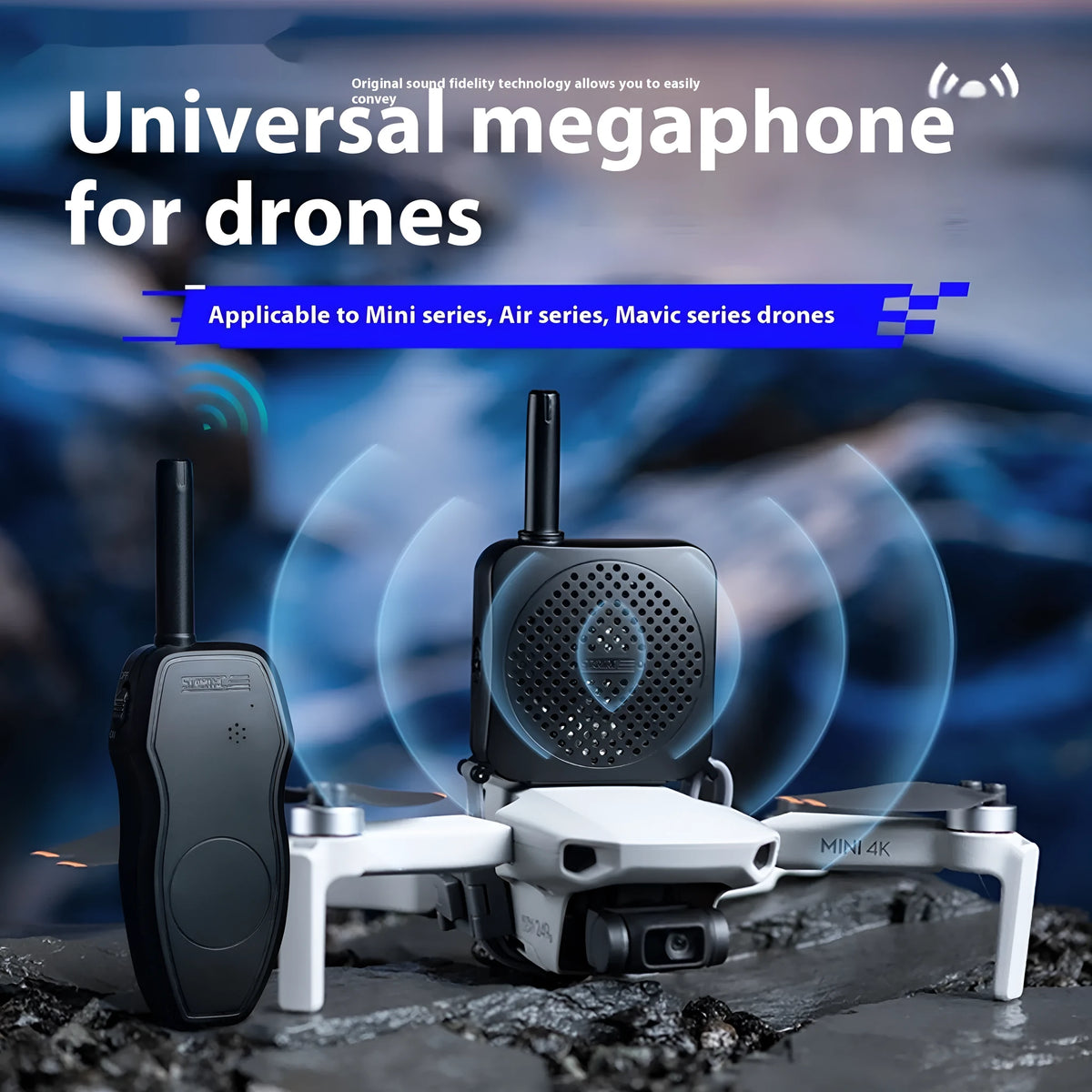 Black universal UAV high-altitude megaphone speaker with walkie-talkie and charging cable, boxed set