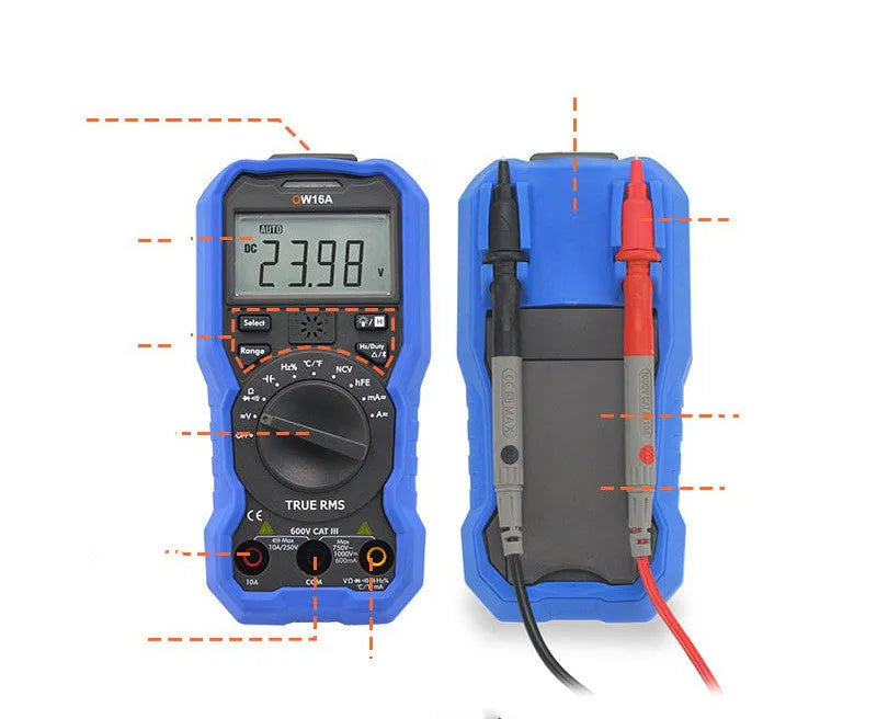 OW16B handheld digital multimeter with display, dial, and test leads for electrical voltage, current, and temperature measurement.