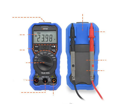 OW16B handheld digital multimeter with display, dial, and test leads for electrical voltage, current, and temperature measurement.