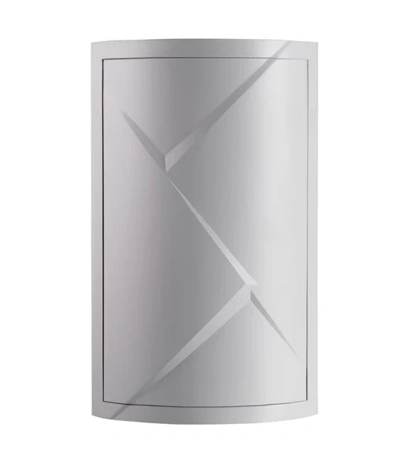 White triangle corner shelf with three tiers mounted in bathroom corner holding toiletries