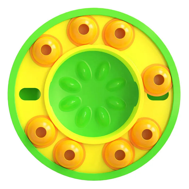 Green and blue interactive dog puzzle toy slow feeder bowl with food turntable top