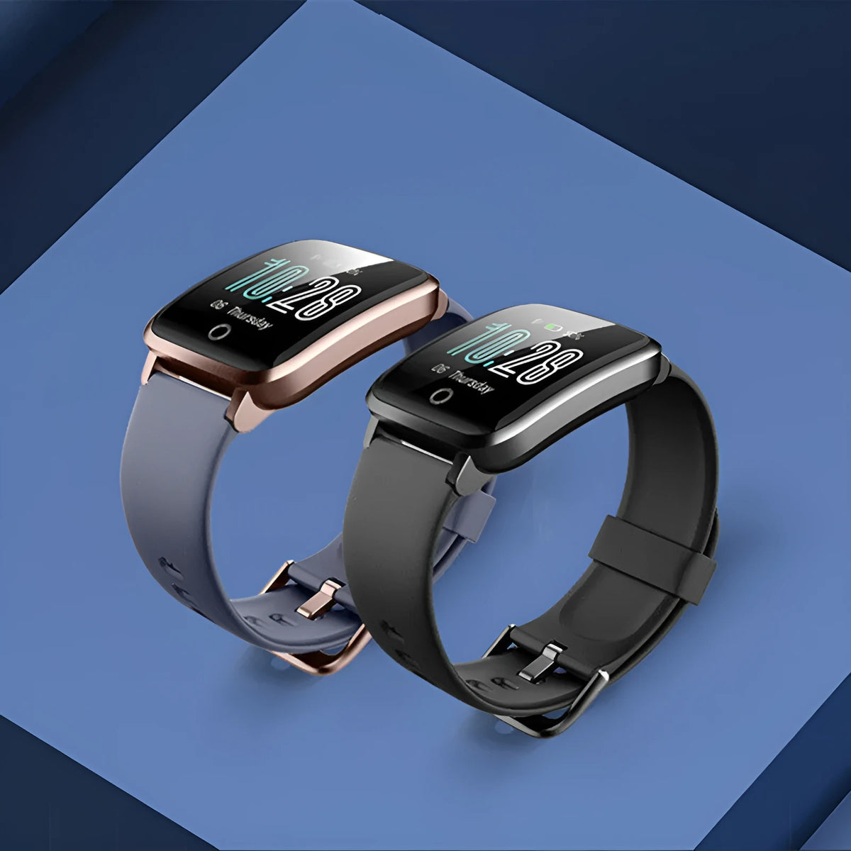 1.3 inch TFT smartwatch with silicone wristband in black, blue, or pink, showing touchscreen and magnetic charging cable