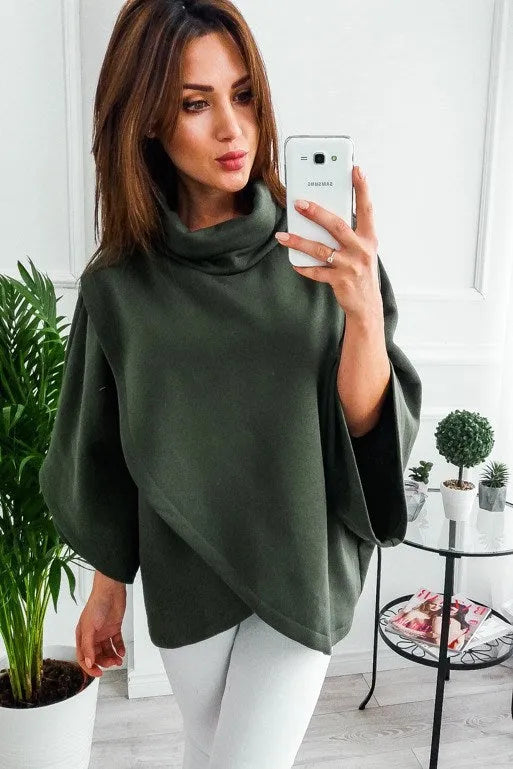 Women's black batwing sleeve cardigan sweatshirt with three-button placket and stitching detail