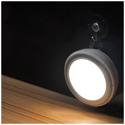 A round, white, battery-powered motion sensor LED light with a diameter of 80mm.