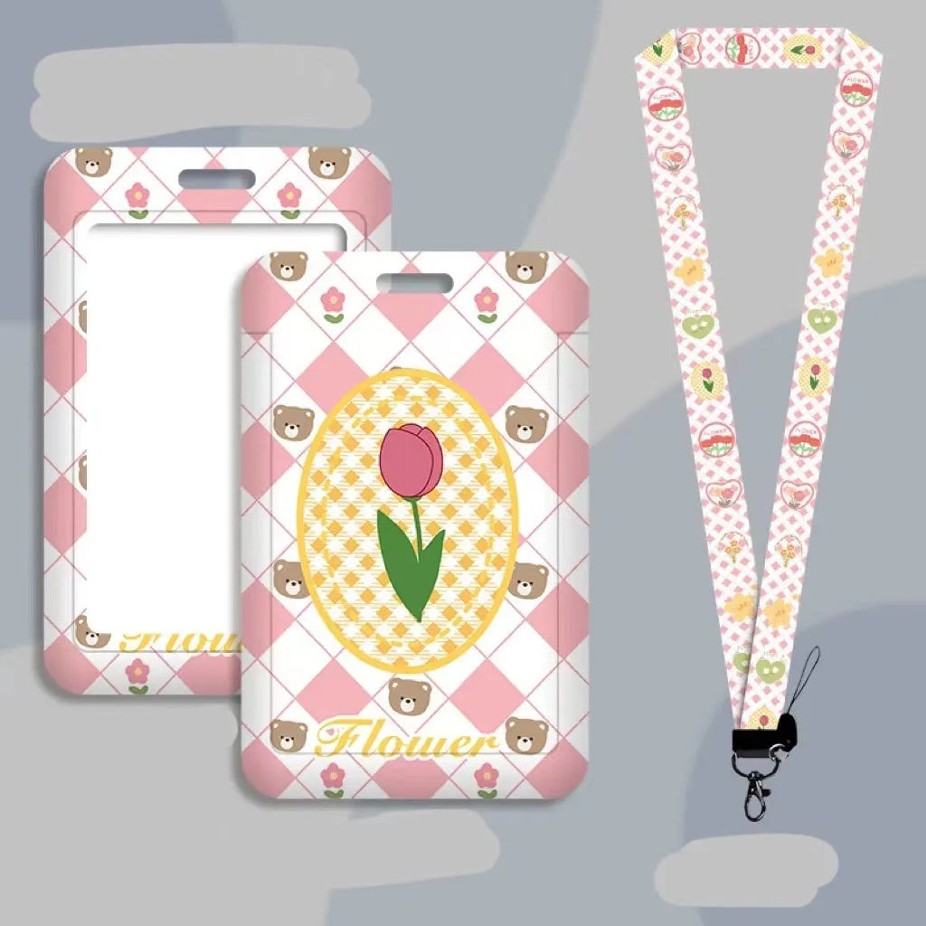 Student ID card set with plastic sleeve and neck strap in cartoon designs