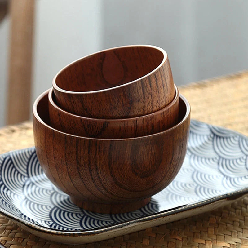 Japanese Style Wooden Bowl Set in three sizes for rice, soup, and salads