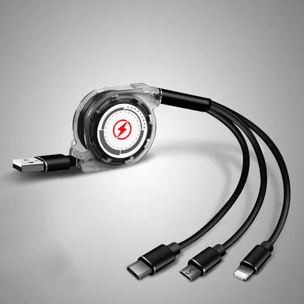 Black telescopic 3-in-1 charging cable extended to 120cm with three connector ends visible.