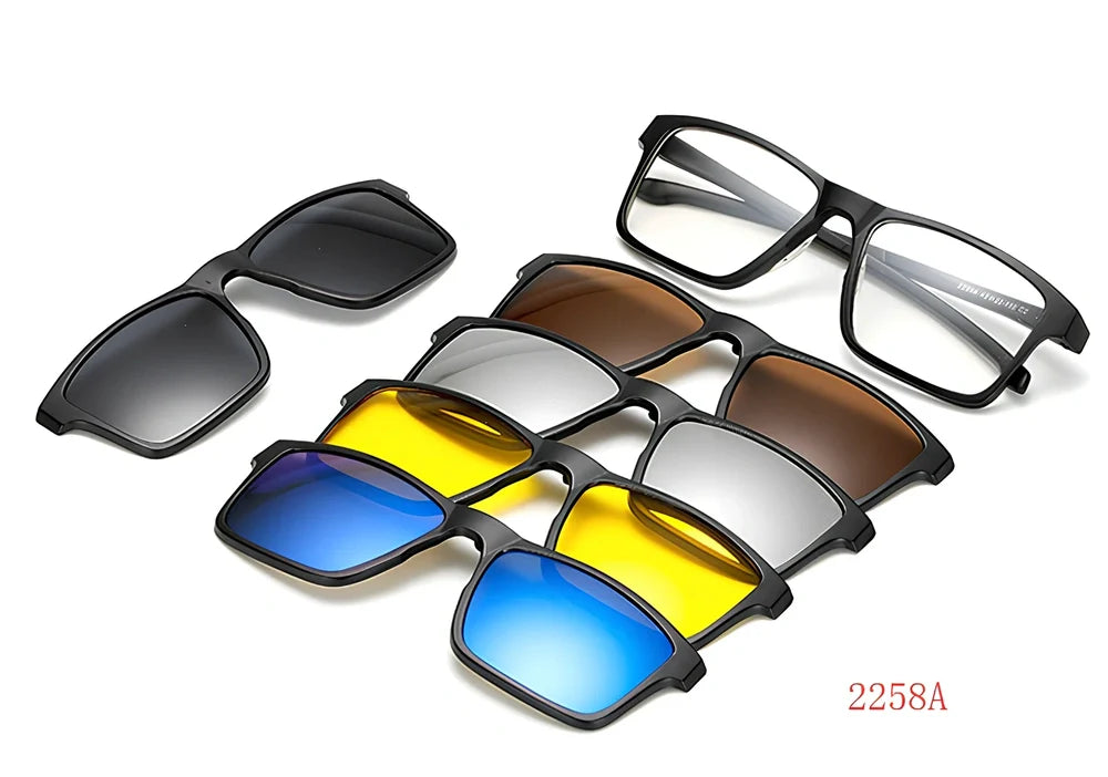 Magnetic sunglasses showing closure system with resin lenses and PC frame in multiple size options