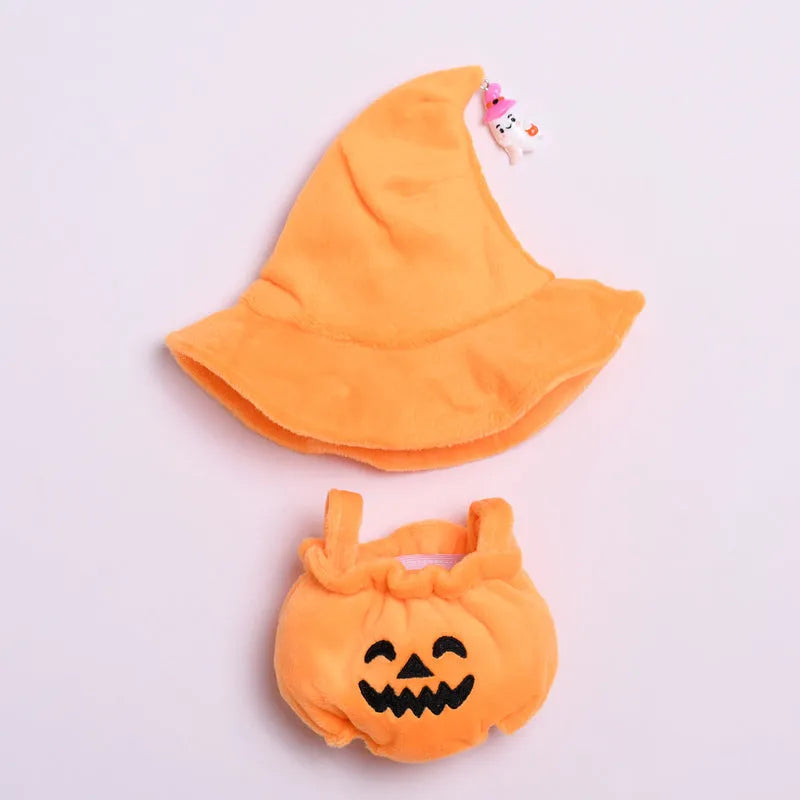 Halloween pumpkin doll clothes with black hat, plush two-piece set, shown as doll clothing and car or curtain decoration.