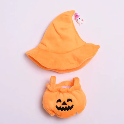 Halloween pumpkin doll clothes with black hat, plush two-piece set, shown as doll clothing and car or curtain decoration.