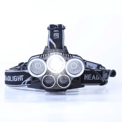 Fixed focus head torch for camping with long-range LED beam, shown with charger.