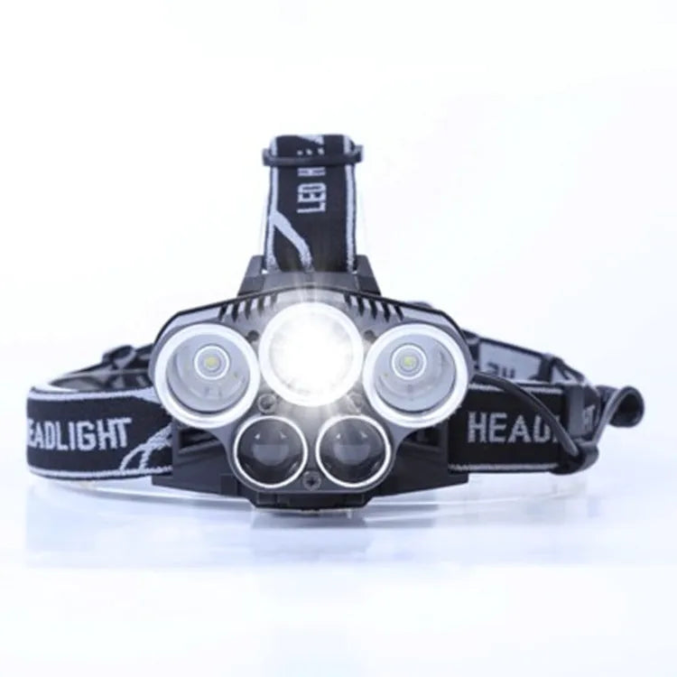 Fixed focus head torch with strong light for long-range outdoor camping, battery powered LED head-mounted lighting, 300–500 metre irradiation distance, waterproof with push-button switch, includes charger as shown.