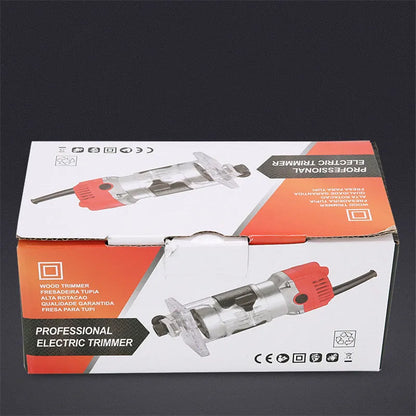 800W electric wood polishing trimmer with aluminium casing on a wooden workbench.