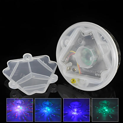 Children's floating LED bath lamp showing 8cm cube design with multiple colour lighting effects in water