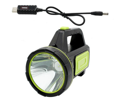 Green rechargeable LED flashlight with 500m beam range and 6000mAh battery for 10-hour runtime
