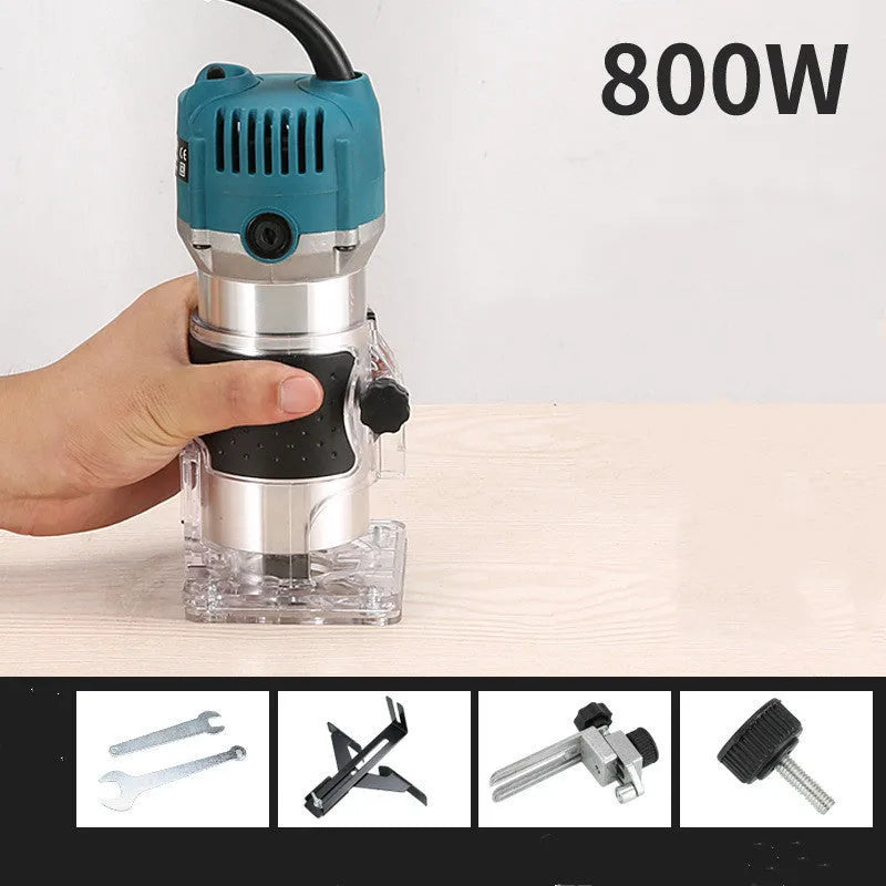 800W electric wood polishing trimmer with aluminium casing on a wooden workbench.