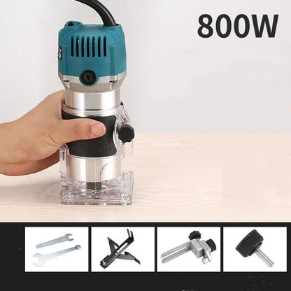 800W electric wood polishing trimmer with aluminium casing on a wooden workbench.