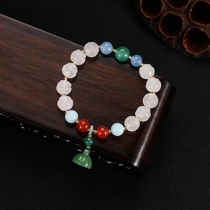 White Bodhi root bracelet with carved pumpkin lotus beads including Apple Orchard and Duobao styles