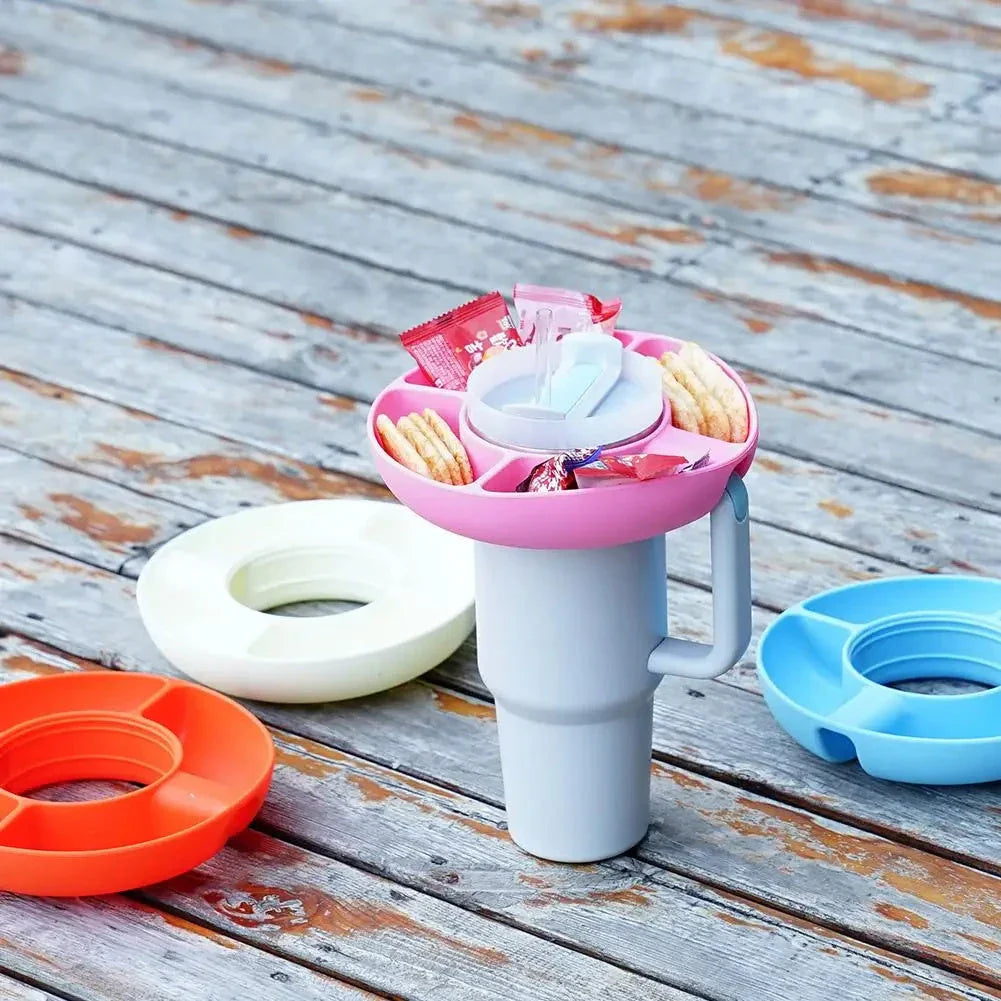 Versatile Silicone Snack Tray with four compartments, designed to attach to 40oz Stanley cups for convenient on-the-go snacking