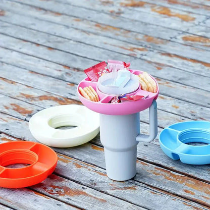 Versatile Silicone Snack Tray with four compartments, designed to attach to 40oz Stanley cups for convenient on-the-go snacking