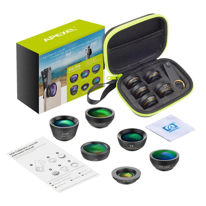 Six smartphone camera lenses including fisheye, macro, telephoto, wide-angle, CPL and star filters with aluminium housings