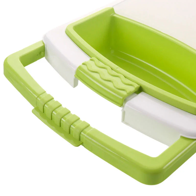 Versatile plastic cutting boards in gray, blue, and green colors with a stacking design for convenient storage