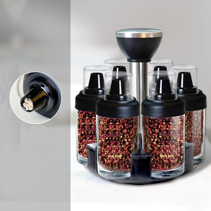 Glass rotating seasoning box set with anti-leakage design on kitchen counter