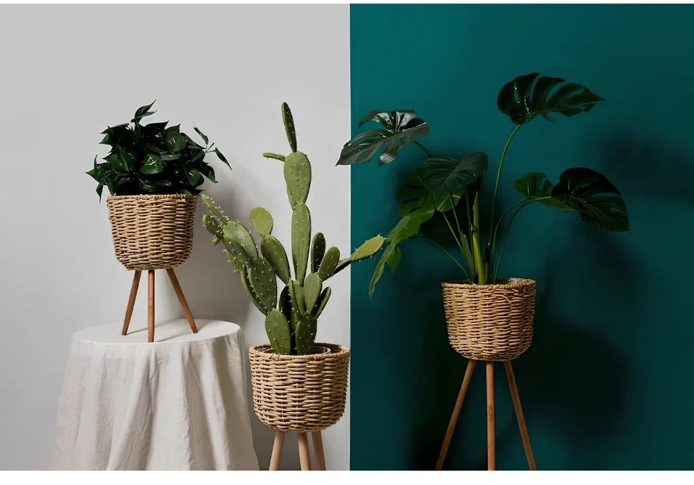 Nordic style floor-standing flowerpot with straw furniture in three sizes for indoor plant display