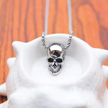 Men's titanium steel skull necklace with square pearl chain and metal pendant