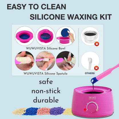 Waxing kit with 200cc warmer, 8 wax bead packs, applicator sticks, silicone bowl, spatula, and lotion for hair removal