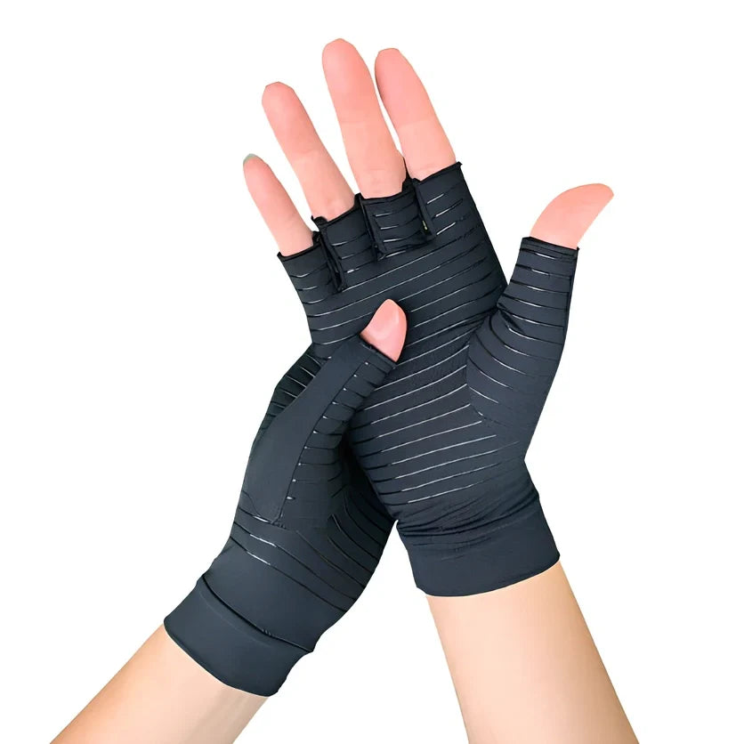 Breathable half-finger compression gloves showing exposed fingertips and adhesive grey section for joint support