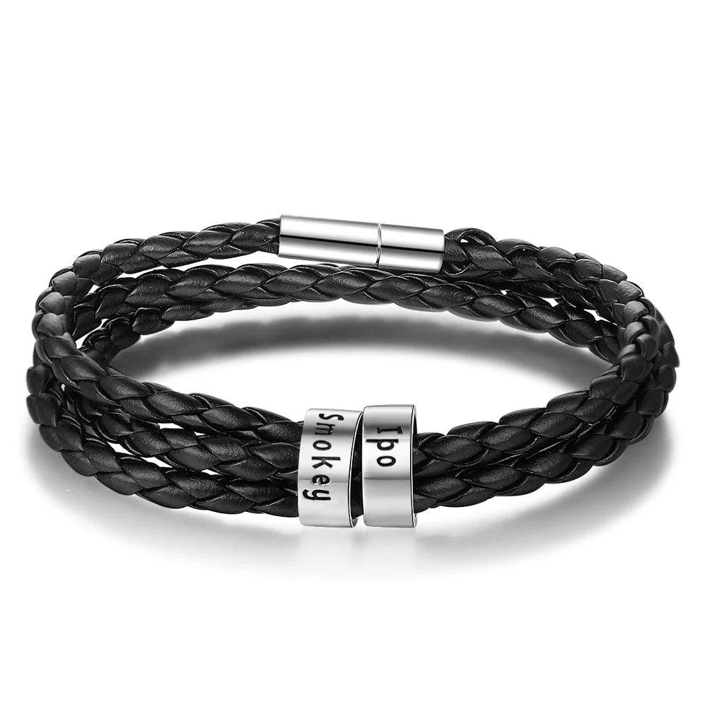 Personalized men's braided leather bracelet with stainless steel beads and custom name charm