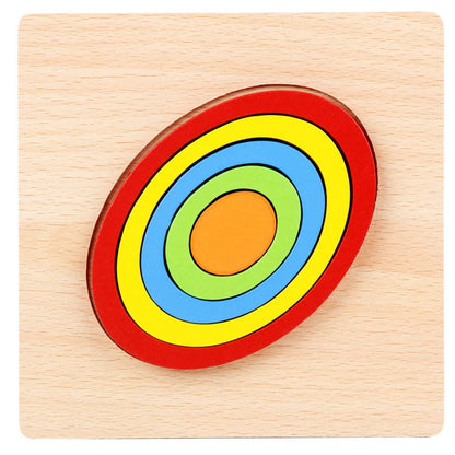 Wooden geometric puzzle with 10 shape graphics in red, yellow, blue, green, and orange colours