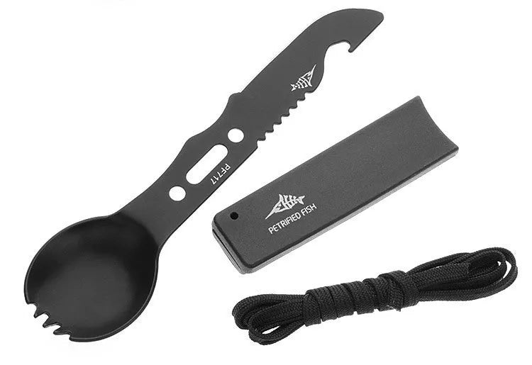 Stainless steel camping utensil set with spoon, fork, knife, and whistle for outdoor adventures