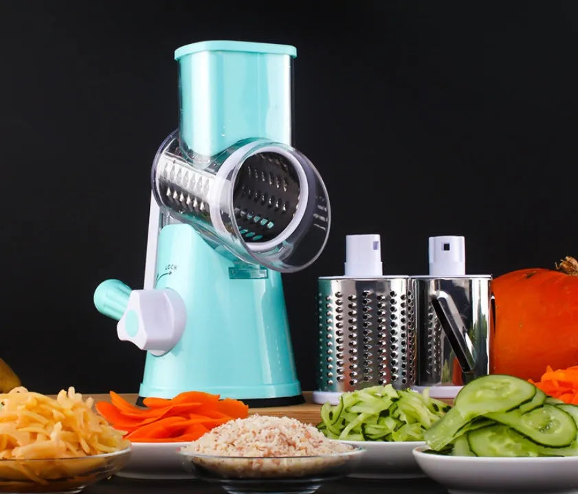Blue multifunctional manual vegetable cutter with stainless steel blades for slicing potatoes and cheese.