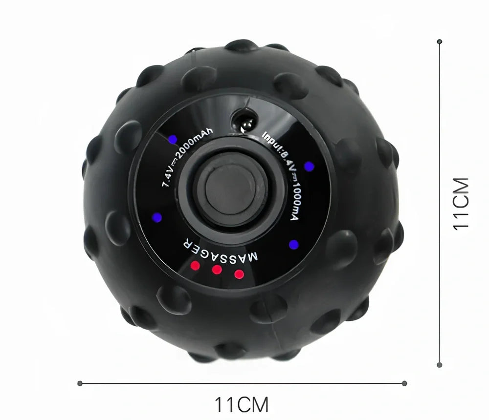 Black vibration massage ball with silicone exterior and four intensity settings for muscle treatment