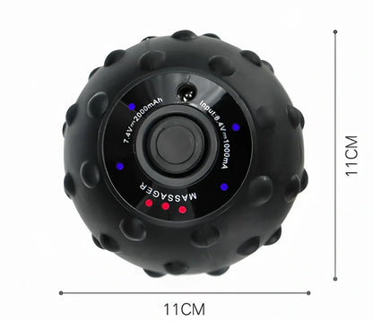 Black vibration massage ball with silicone exterior and four intensity settings for muscle treatment