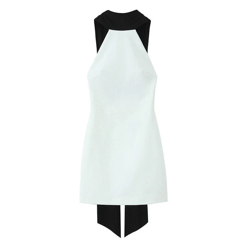 Slim-fitting black patchwork halter dress with asymmetric skirt and high waist detail