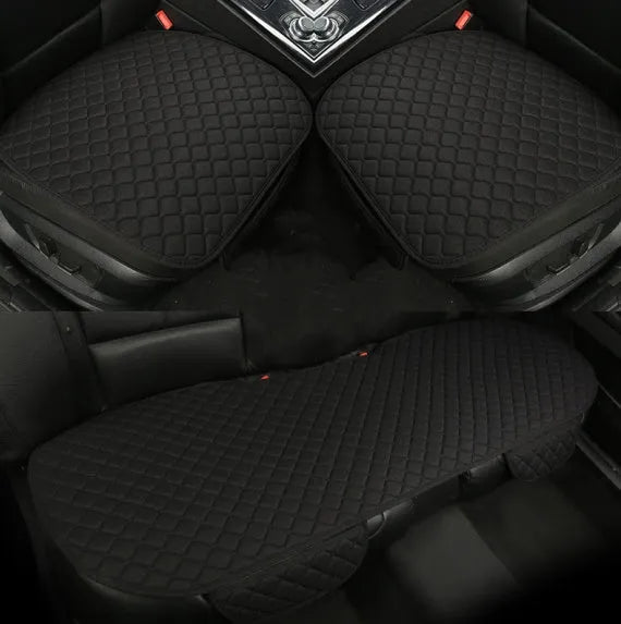 Flax linen car seat cover protector in beige, black, red and brown, with cushion and five-seat style options.