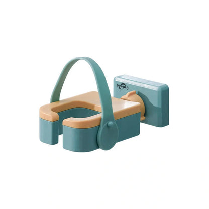 Adjustable wall-mounted hair dryer rack in orange, pink, and green